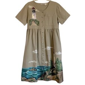 VTG. SUNBELT HAND PAINTED LIGHT HOUSE KHAKI DRESS SIZE MEDIUM